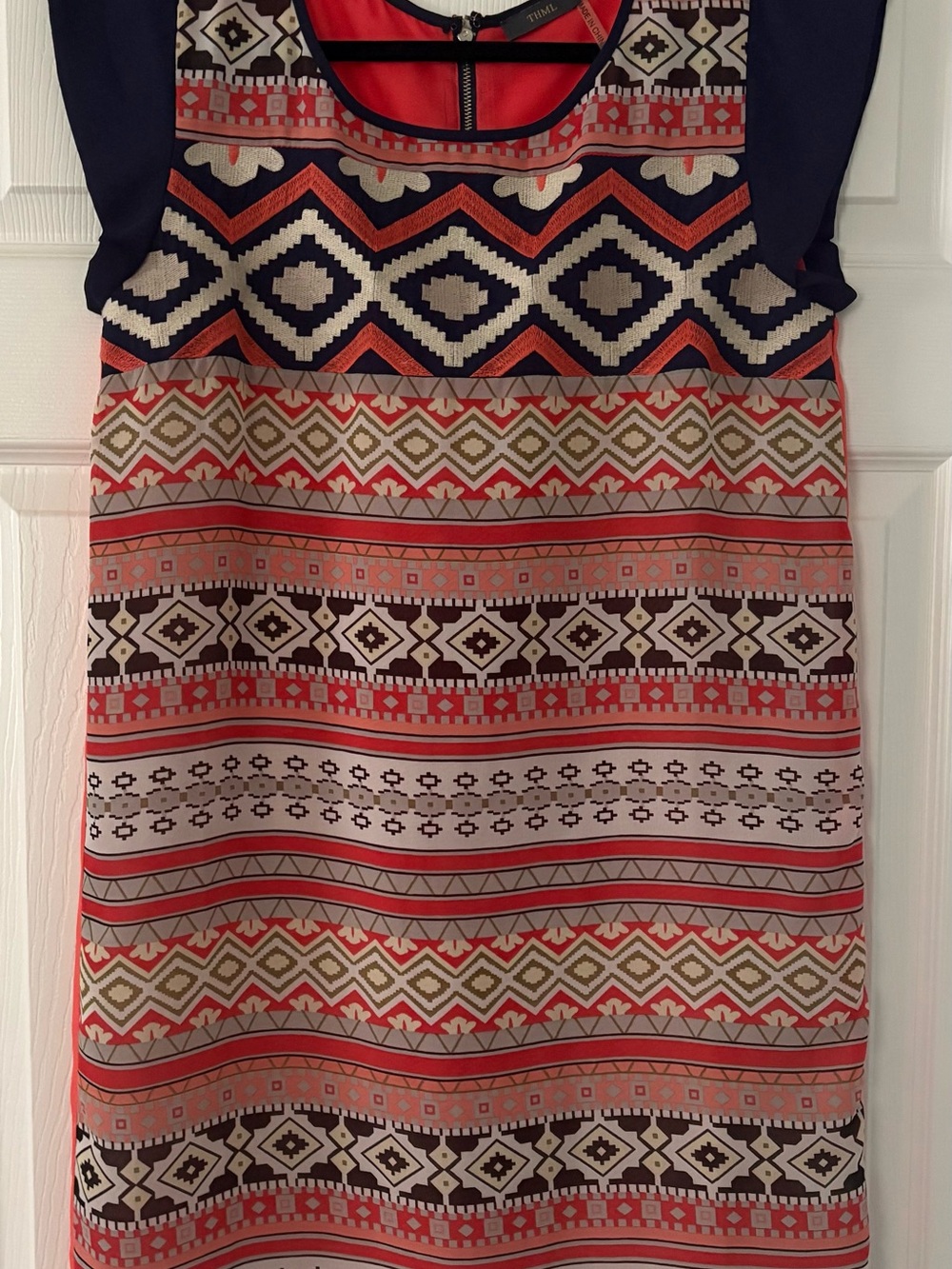 THML Multicolor Tribal Print Cap Sleeve Dress (Navy, Coral, Cream)
